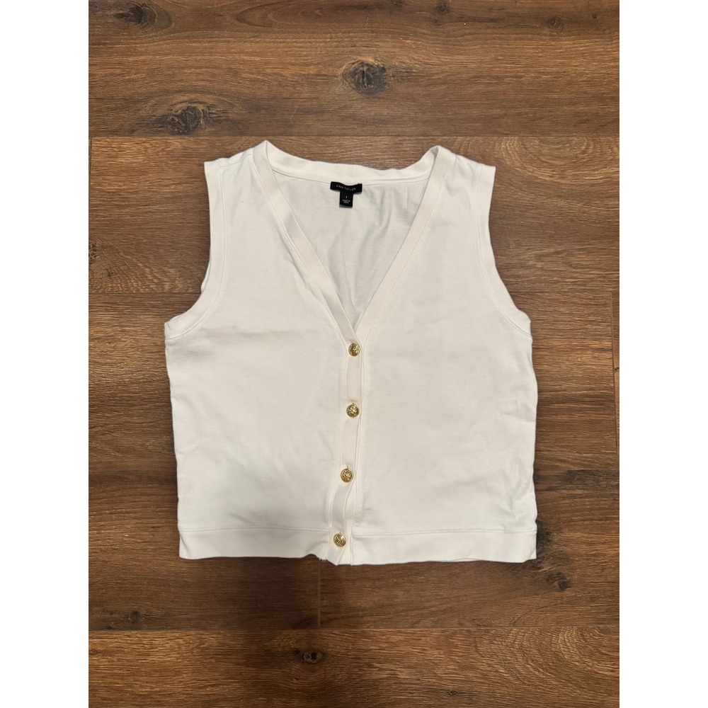 Ann Taylor Womens White Cotton V-Neck Sleeveless Button Front Top Gold Buttons S